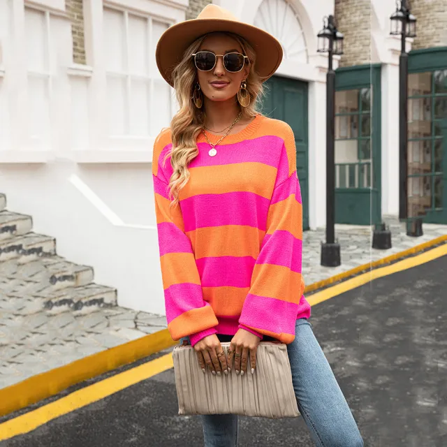 Patchwork Stripes Round Neck Urban Casual Sweater Orange Brilliant Rose Red - Shop at LoveMi