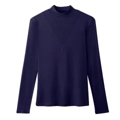 Patchwork Half-high Collar Long Sleeves T-shirt Women's Bottoming Shirt - Blue - View 1