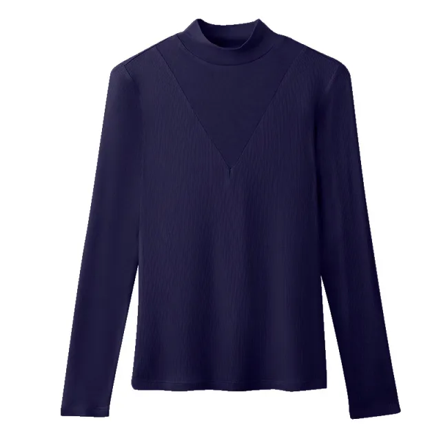 Patchwork Half high Collar Long Sleeves T shirt Women's Bottoming Shirt Blue - Shop at LoveMi