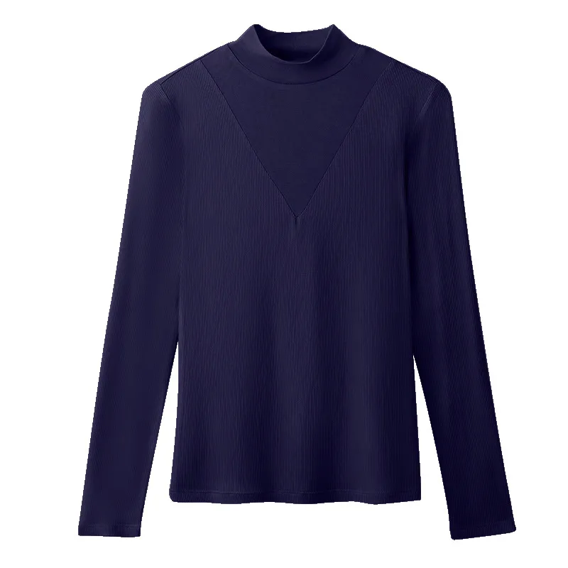 Patchwork Half-high Collar Long Sleeves T-shirt Women's Bottoming Shirt - Blue