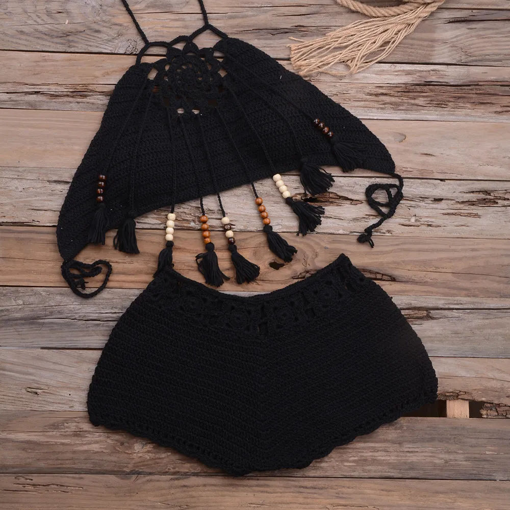 Beach Handmade Tassel Dangling Beads Top Boxer Shorts Split Swimsuit Suit - Black