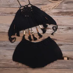 Beach Handmade Tassel Dangling Beads Top Boxer Shorts Split Swimsuit Suit - Black - View 1