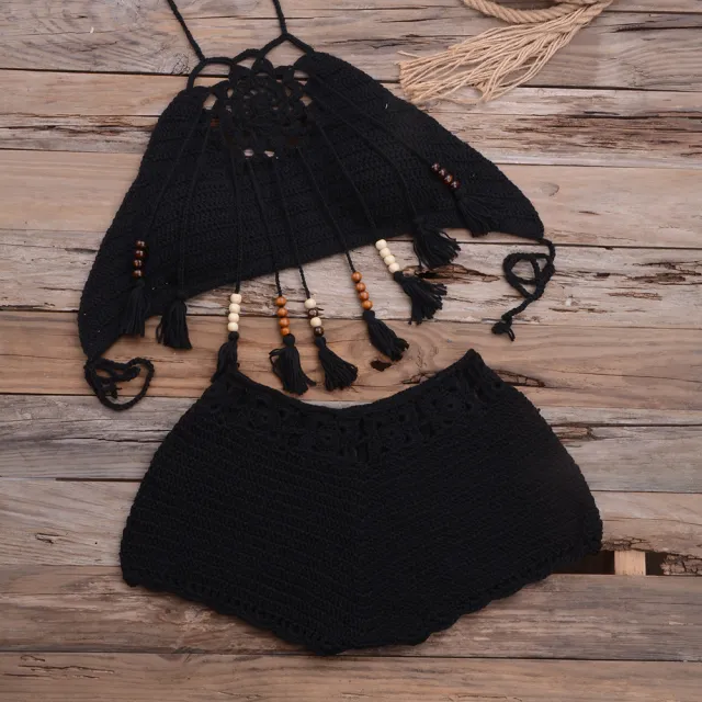 Beach Handmade Tassel Dangling Beads Top Boxer Shorts Split Swimsuit Suit Black - Shop at LoveMi