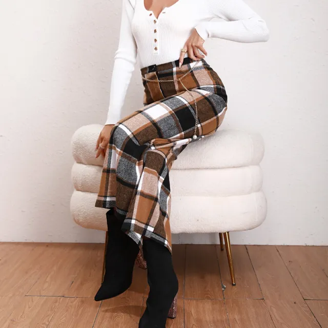 High Waist Casual Trousers Khaki Plaid Straight leg Pants Khaki - Shop at LoveMi