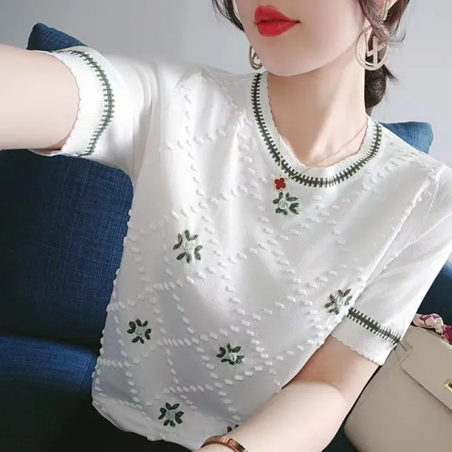 Women's Short sleeved T shirt Round Neck Embroidered White - Shop at LoveMi