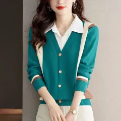 Women's Fashion Casual Multicolour Top Bottoming Shirt - Blue - View 1