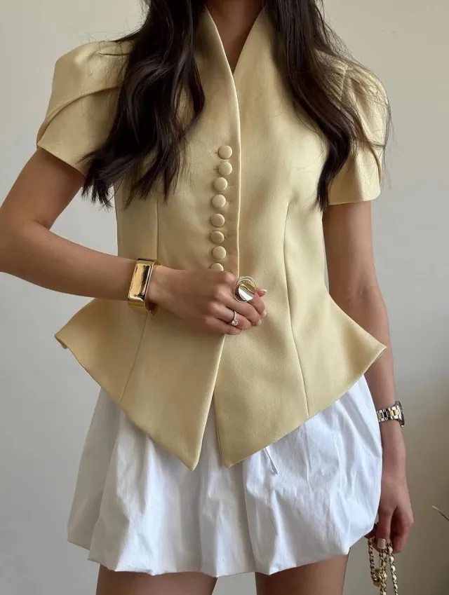 Women's Fashion Elegant Puff Sleeve Waist Cinching Slim Fit European And American INS Style Blazer Yellow - Shop at LoveMi