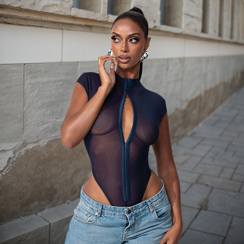 New Women's Sexy Round Neck Metal Buckle Jumpsuit