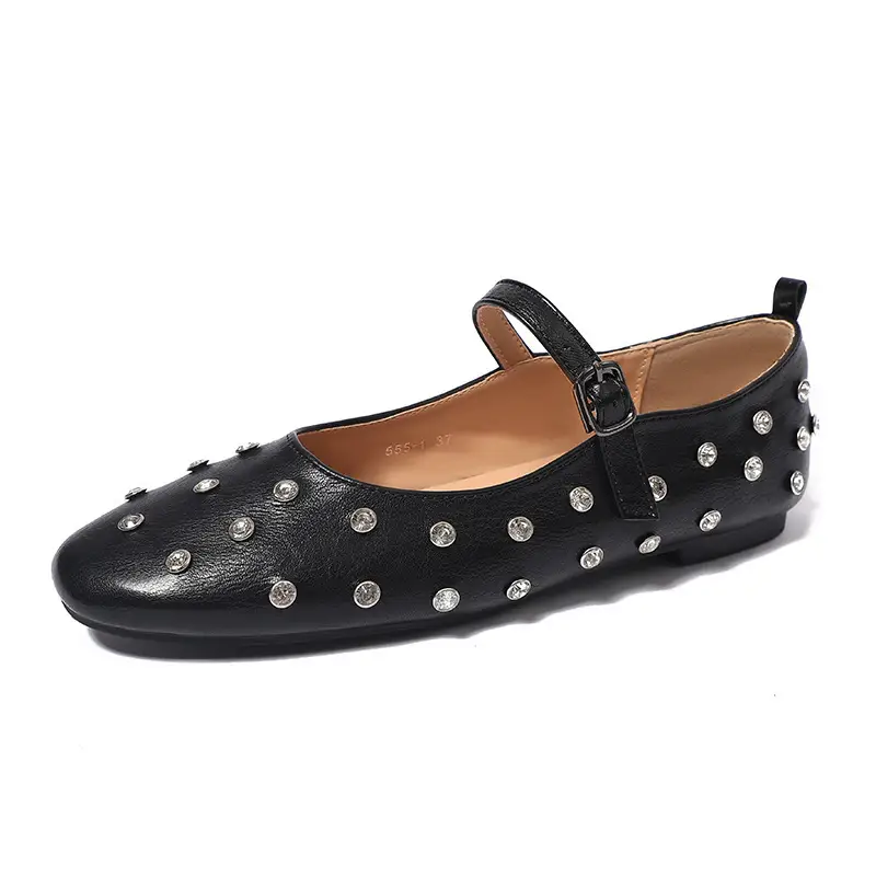 Cowhide Buckle Strap Ballet Flat Shoes French Retro Rivet Mary Jane Pumps