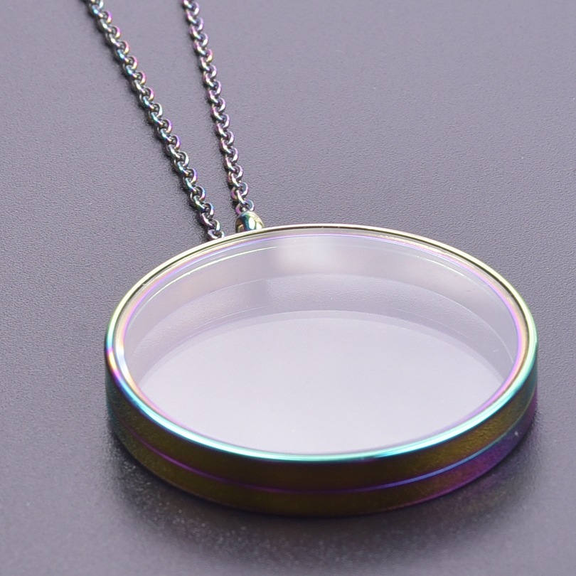 Open Stainless Steel Round Glossy Glass Photo Box Pendant Necklace