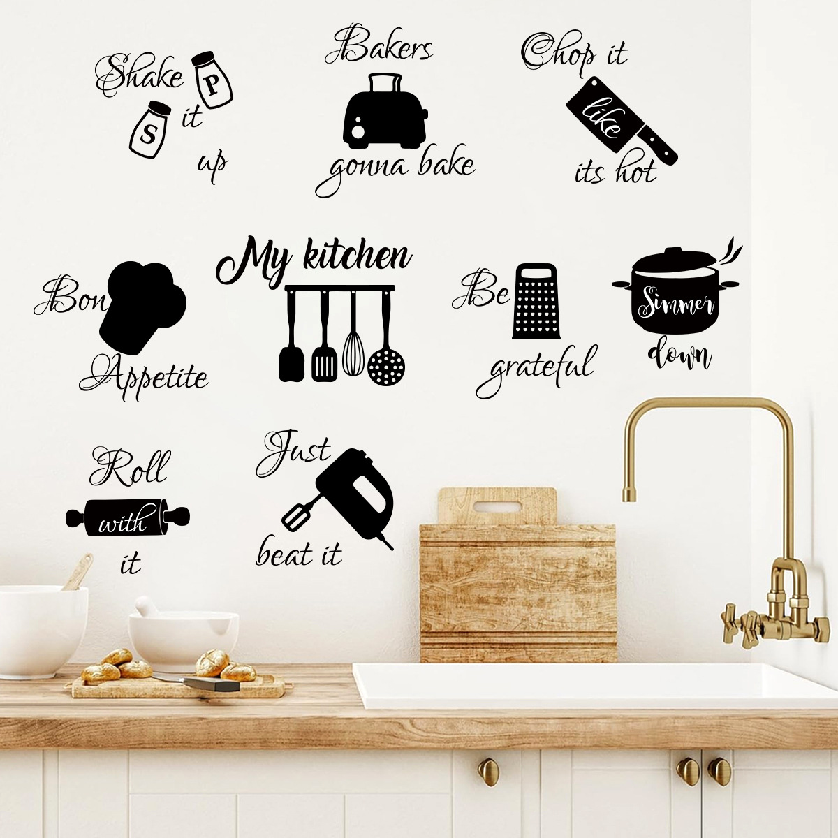 Minimalist English Kitchenware Silhouette Self-adhesive Wall Stickers Instagram-style Wall Decor Decals