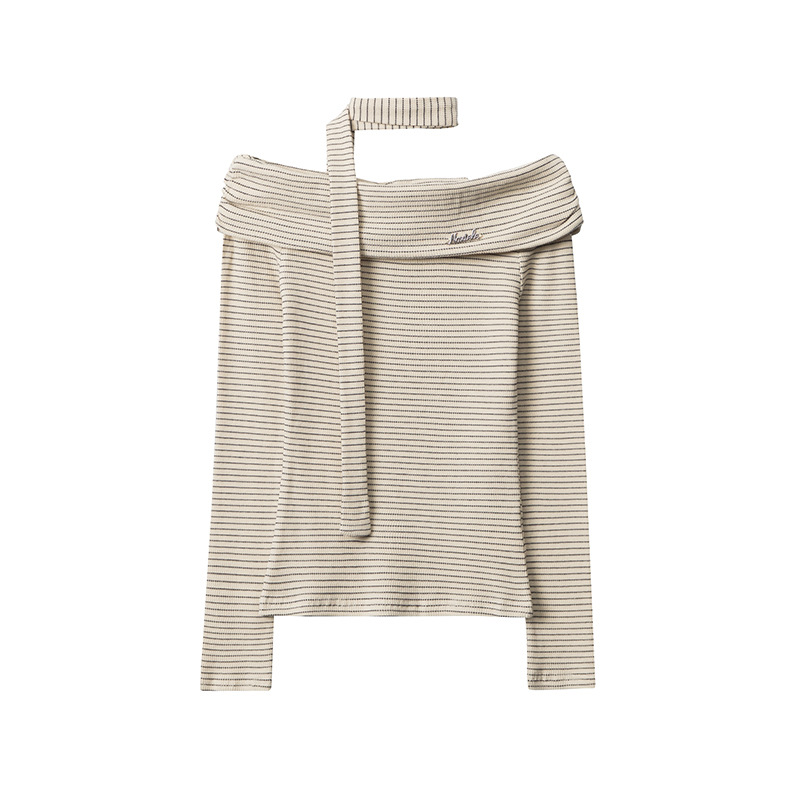 European And American Striped Contrast Color Off shoulder Design Long Sleeve Apricot Black Stripes - Shop at LoveMi