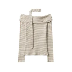 European And American Striped Contrast Colour Off-shoulder Design Long Sleeve - Apricot Black Stripes - View 1