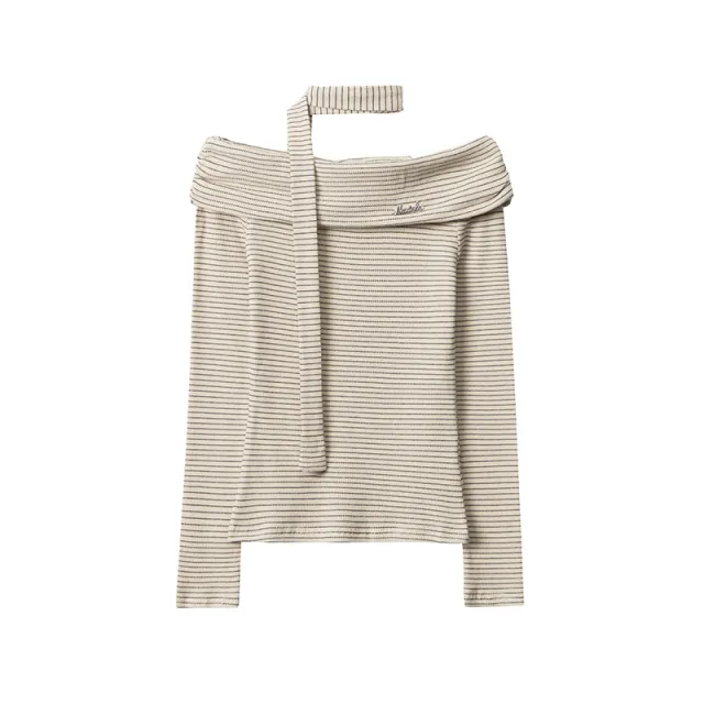 European And American Striped Contrast Color Off shoulder Design Long Sleeve Apricot Black Stripes - Shop at LoveMi