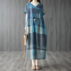 Loose Stitching Printing V-neck Short Sleeve Dress - Blue - View 1