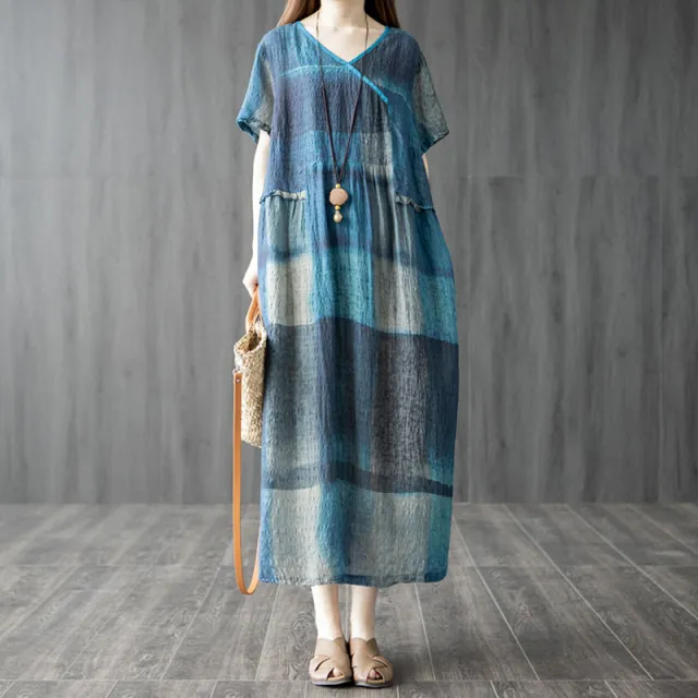 Loose Stitching Printing V neck Short Sleeve Dress Blue - Shop at LoveMi