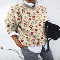 Thick Needle Digital Printing Women's Round Neck Sweater - As8467Bge - View 1