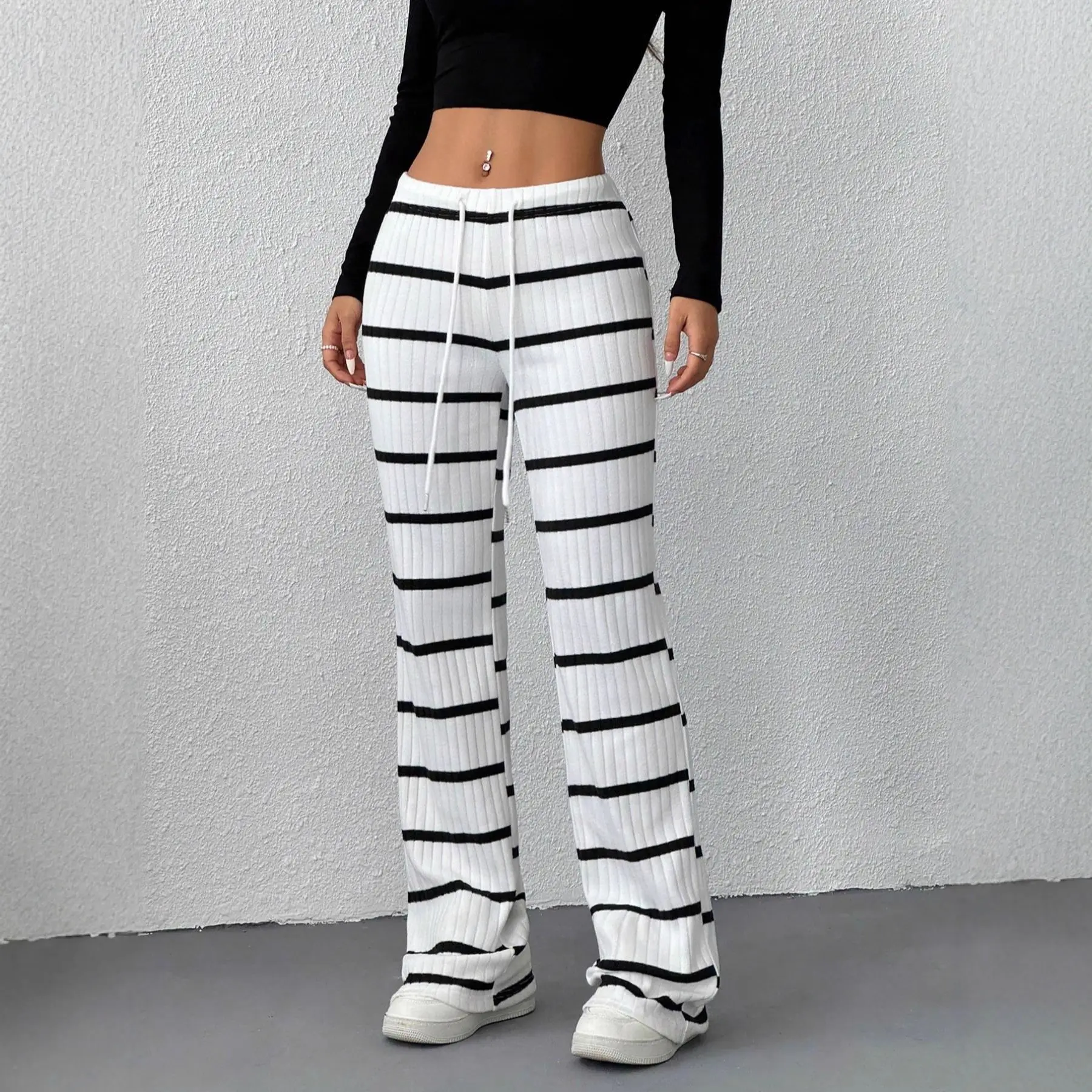 Mid-rise Drawstring Slimming Casual Straight-leg Floor-length Trousers