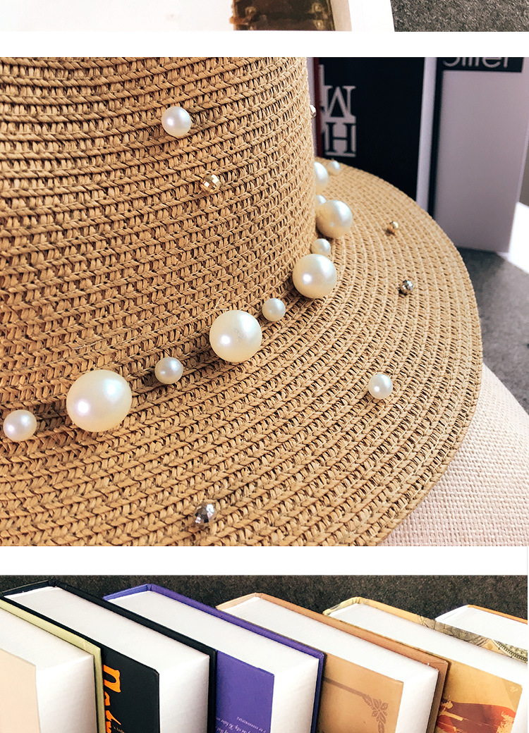 Title 9, Outdoor Beach Flat Brim Straw Pearl Beaded Hat