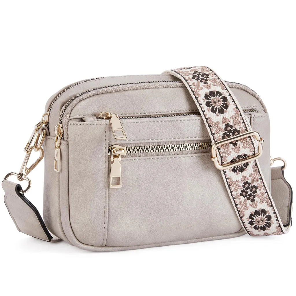 Triple-zipper Shoulder Bag With Floral Embroidered Straps Fashion Colorblock Multi-functional Crossbody Bags For Women - Gray