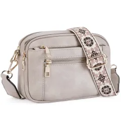 Triple-zipper Shoulder Bag With Floral Embroidered Straps Fashion Colorblock Multi-functional Crossbody Bags For Women - Gray - View 1