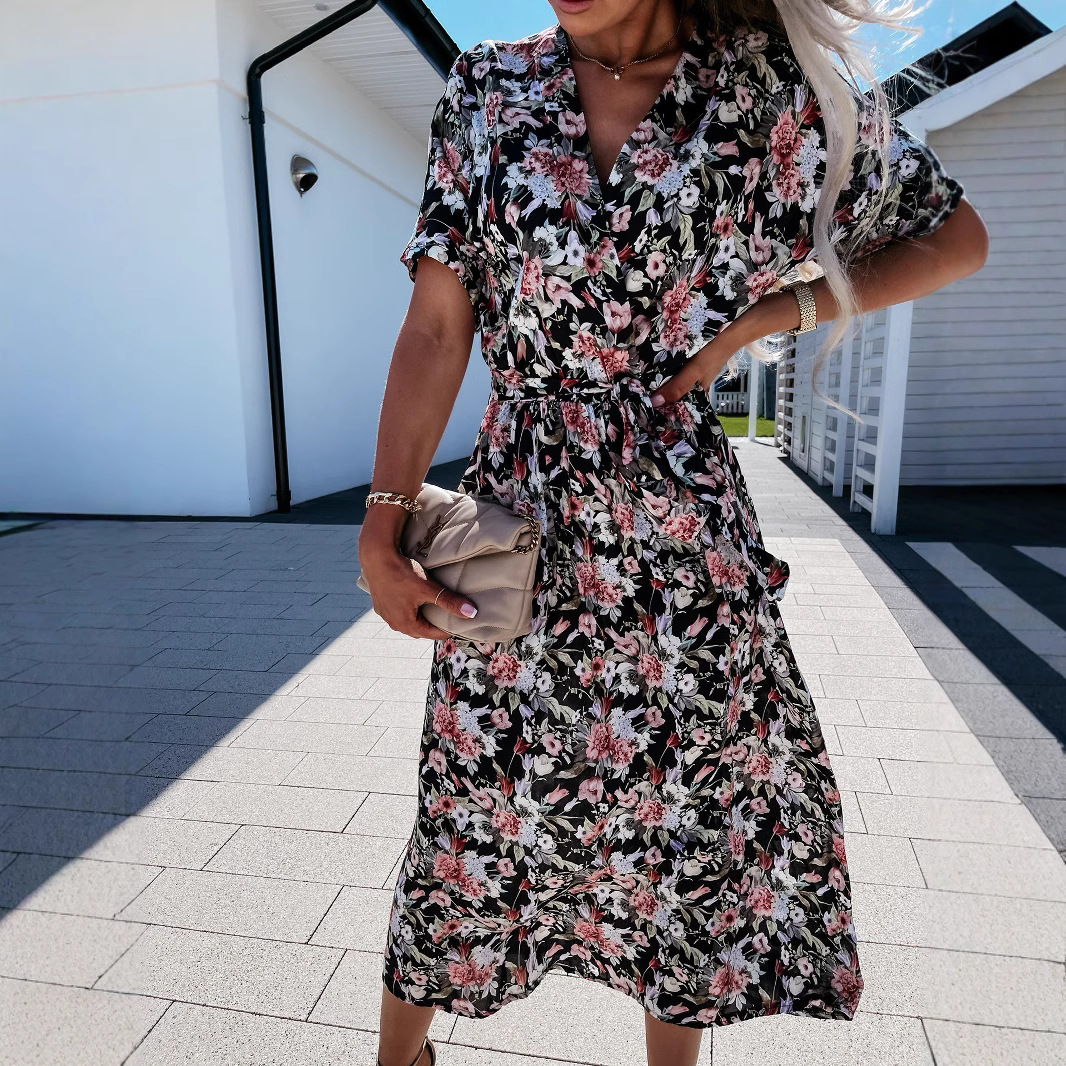 Floral V-Neck Dress with Defined Waist