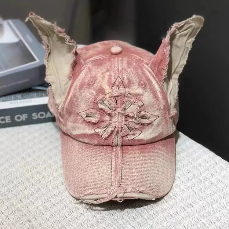 Waste Soil Wind Y2g Doberman Ear Baseball Cap Worn Looking Washed-out Denim - Orange Pink