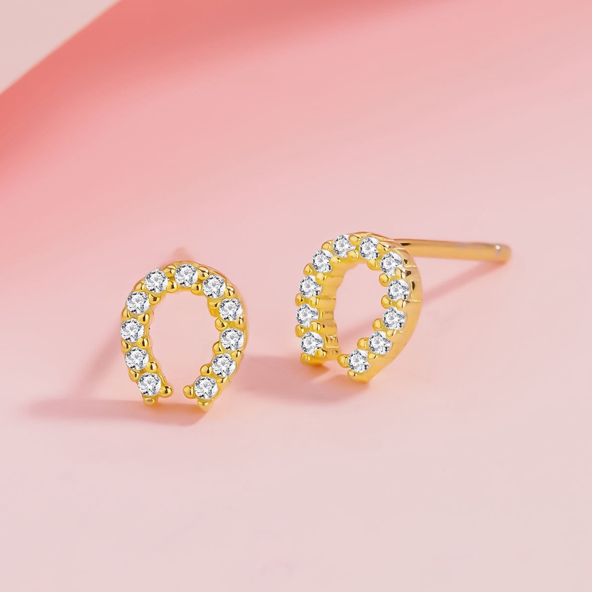 S925 Silver Lucky Horseshoe Stud Korean Style Full Diamond Mini U-shaped Earrings