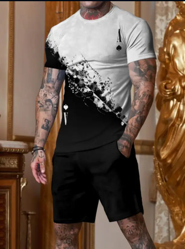 New Men's Korean Set 3D Printing Stylish Digital Printed T-shirt Casual Two-piece Suit Factory Direct Sales
