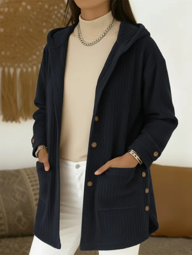Women's Loose Hooded Corduroy Casual Jacket Blue - Shop at LoveMi