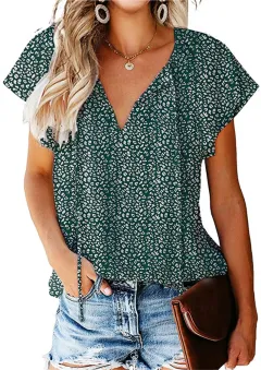 Floral Casual V-neck Chiffon Shirt Loose And Simple - Dark Green - View 1