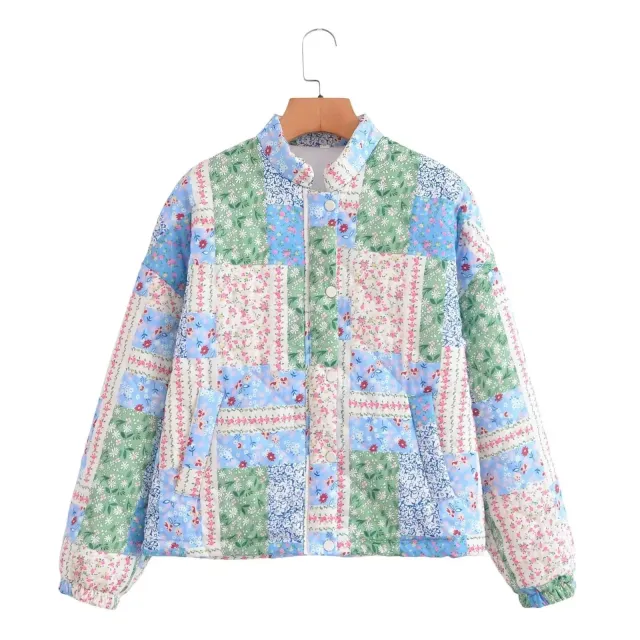 Women's Contrast Color Patch Small Floral Cotton Jacket Color - Shop at LoveMi