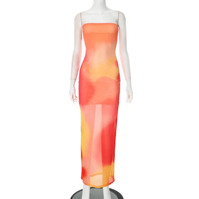 Contrast Color Tube Top Printing Dress Yellow - Shop at LoveMi