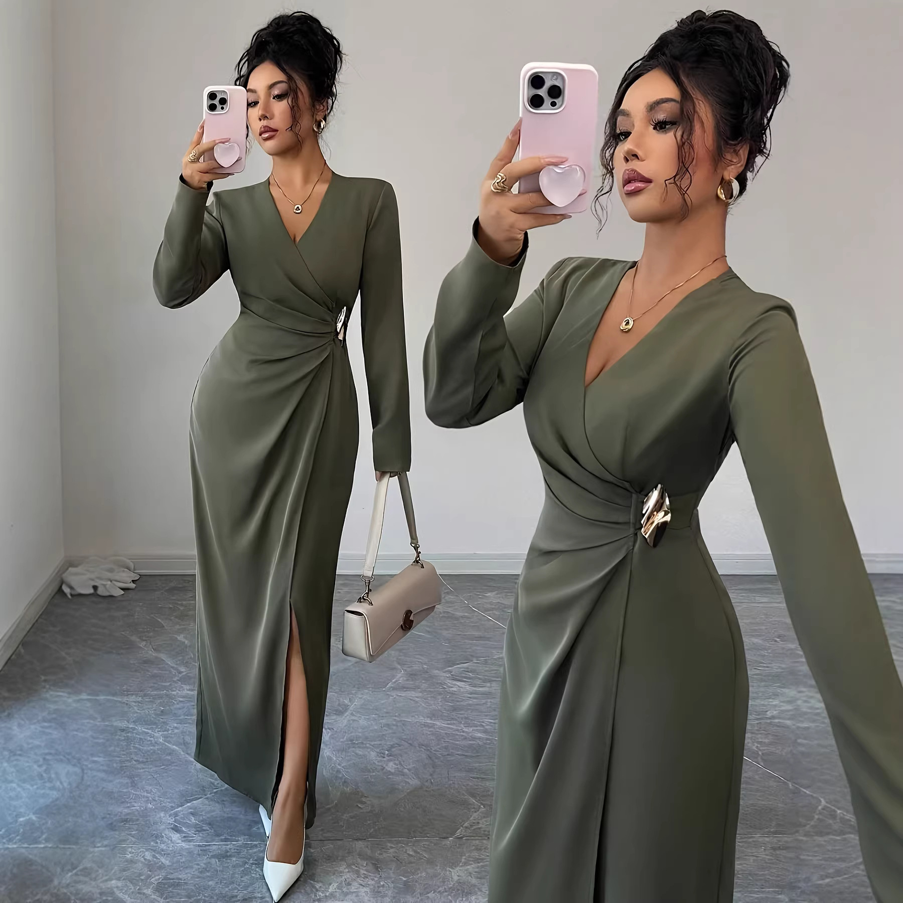 AutumnWinter Solid Color Elegant V Neck Pleated Long Sleeve Dress