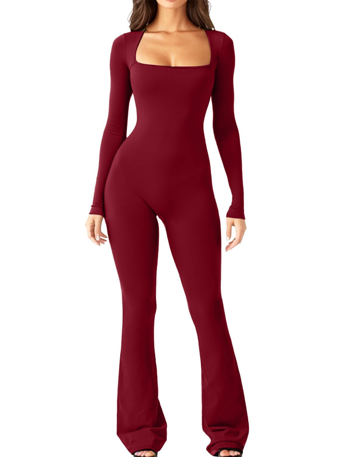 Women's Long Sleeve Belly And Waist Shaping Square Collar High Elastic Jumpsuit Wine - Shop at LoveMi