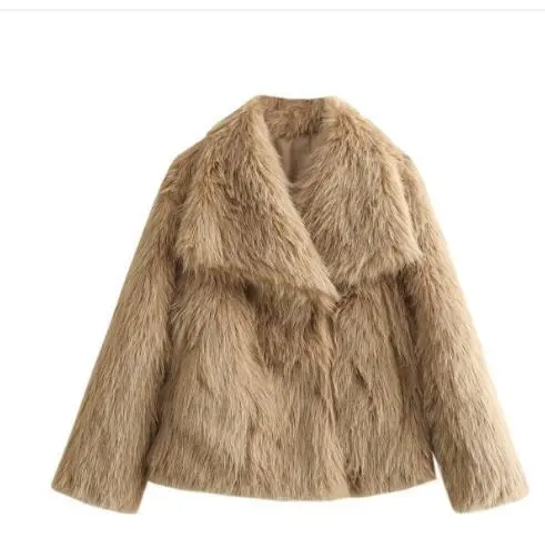 Winter Plush Coat Fashion Warm Thicken Fluffy Lapel Jacket Outwear Casual Long Sleeve Tops Womens Clothing Camel - Shop at LoveMi