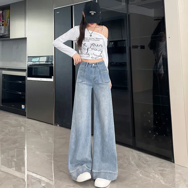 Women's High Waist Slimming Loose Straight Jeans Light Blue Trousers - Shop at LoveMi