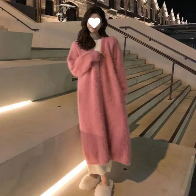 Mink like Wool Cardigan Loose Size Thickened Mid length Idle Style Knitted Coat Pink Long 105Cm - Shop at LoveMi