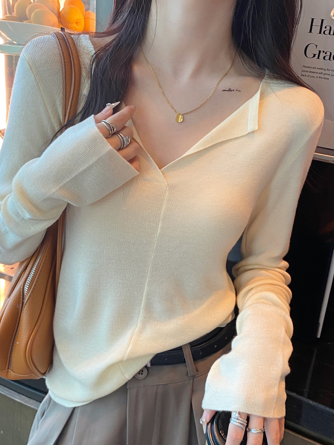 Solid Color Peter Pan Collar Knitwear Comfortable Soft Bottoming Shirt Apricot - Shop at LoveMi