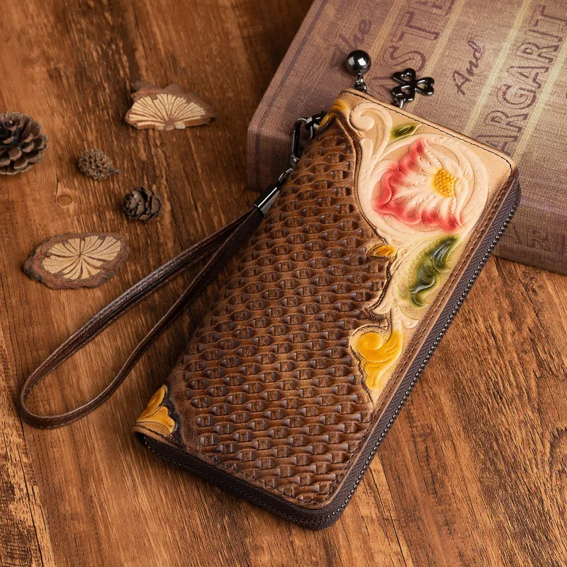 Fashion Retro Hand-painted Tree High Leather Mid-length Clutch Purse - Coffee