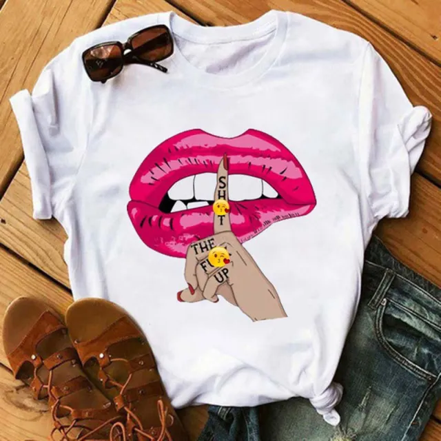 Women's Lip Colorful White With Printed Pattern Short Sleeve Shit Up Pink - Shop at LoveMi