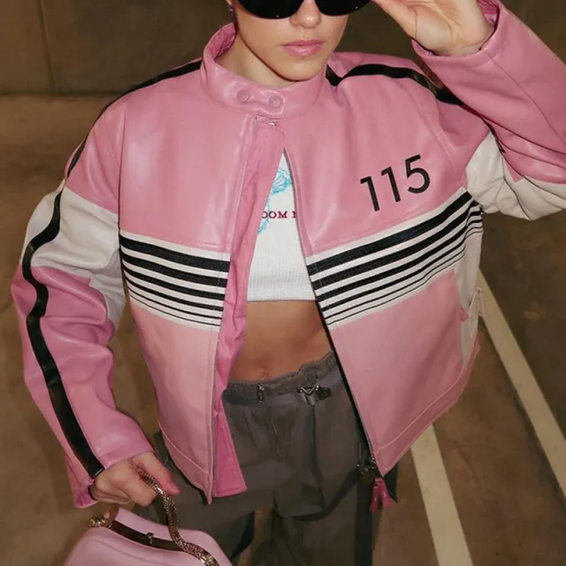 Girl's Motorcycle Style Contrast Color Leather Coat Pink - Shop at LoveMi