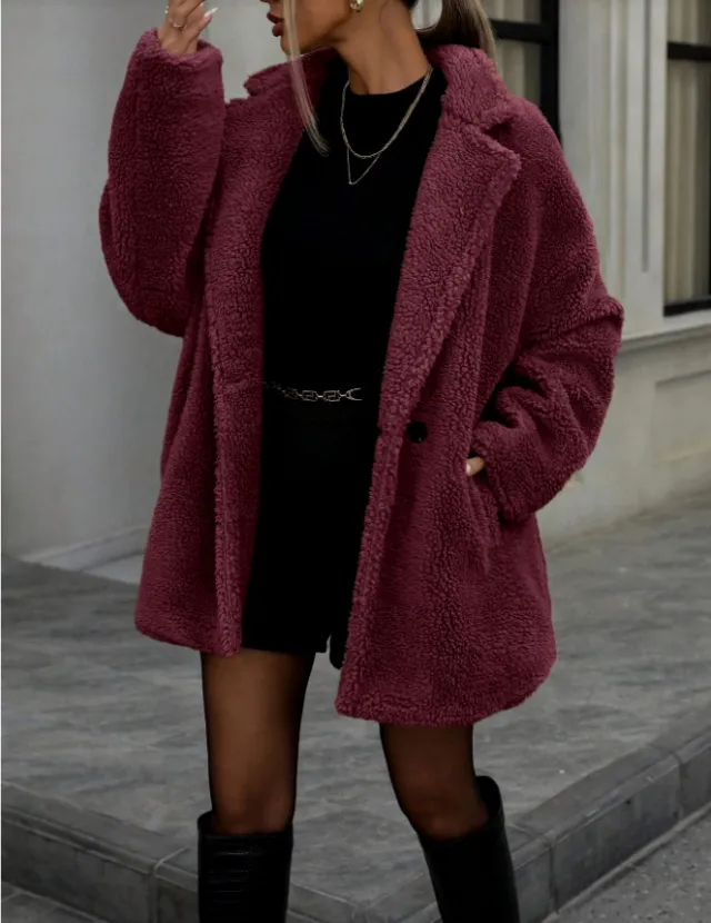 Women's Fluffy Long Sleeve Collar Fleece Top Coat Wine Red - Shop at LoveMi