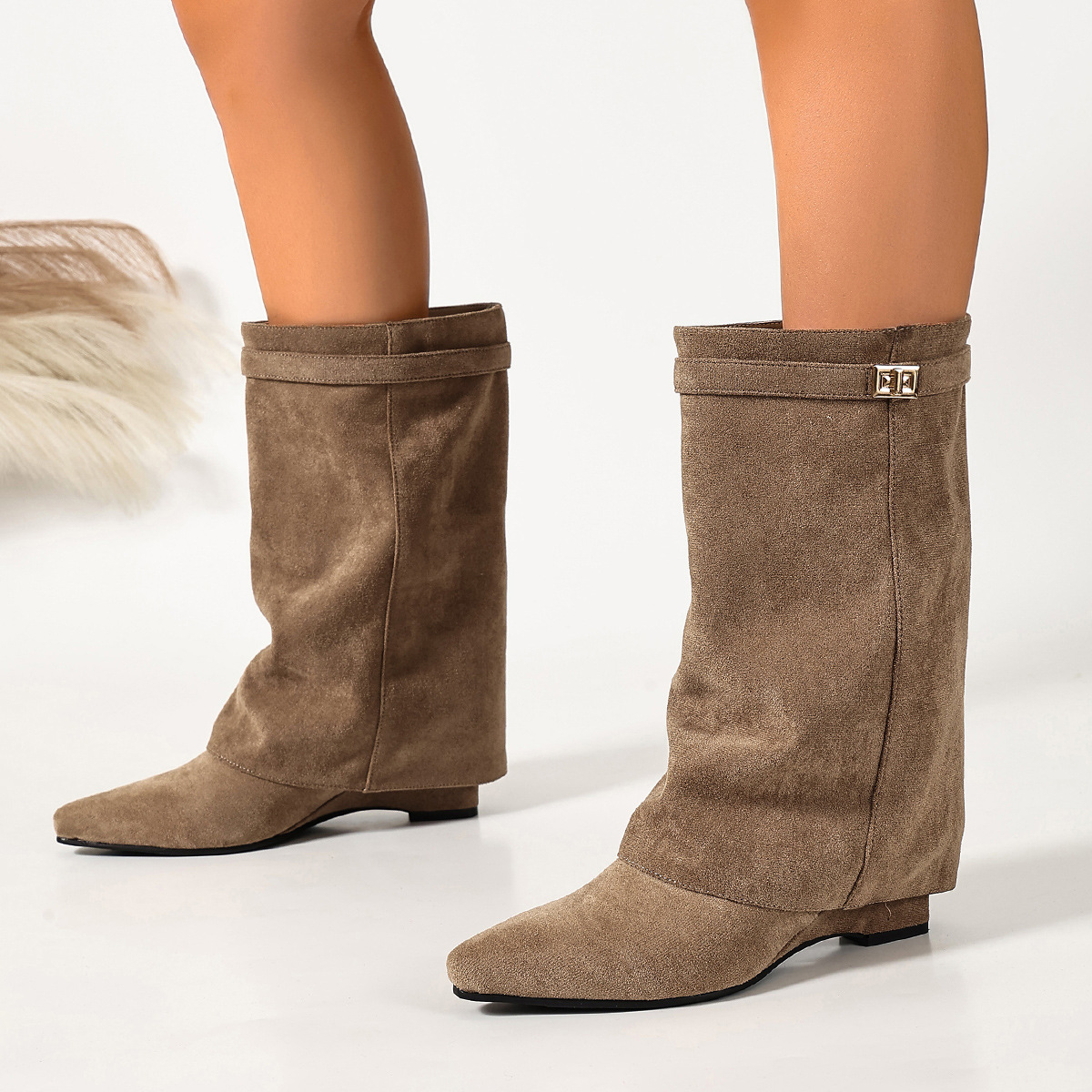 European And American-style Suede High-heeled Boots With A Tapered Leg Metal Buckles Pointed Toe And Pleated Detailing