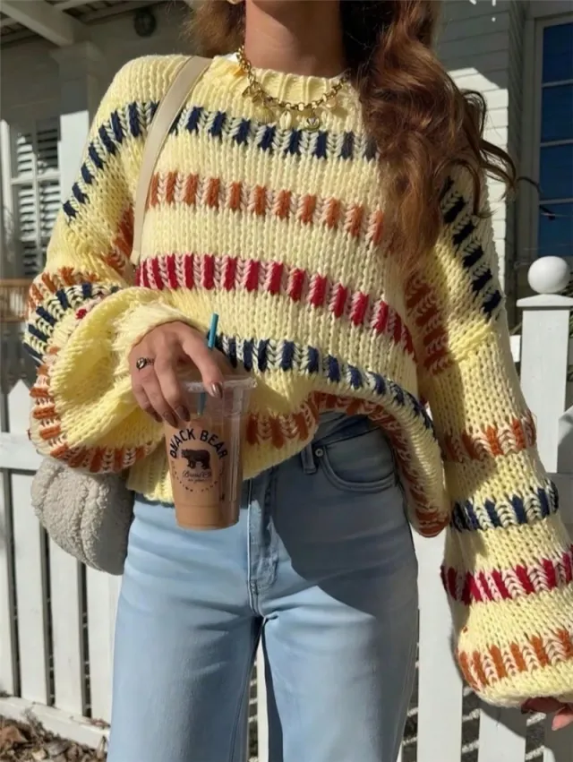 Casual Fashionable Retro Loose fit Sweater With Batwing Sleeves Yellow - Shop at LoveMi