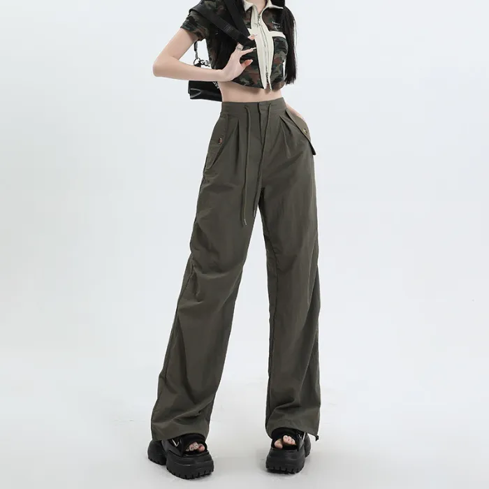 American High Street Cool Drawstring Lace-up Casual High Waist Wide Leg Pants - Gh 1323 Army Green Lengthened