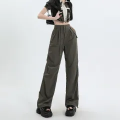 American High Street Cool Drawstring Lace-up Casual High Waist Wide Leg Pants - Gh 1323 Army Green Lengthened - View 1