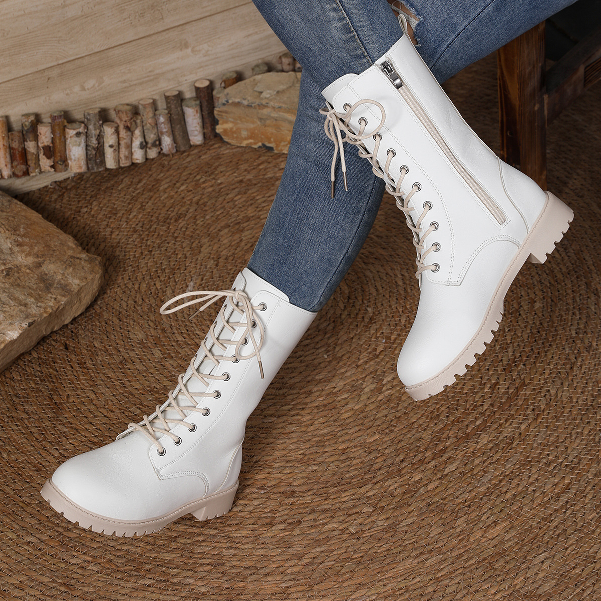 Women's lace-up mid-calf combat boots – cotton lining interior detail