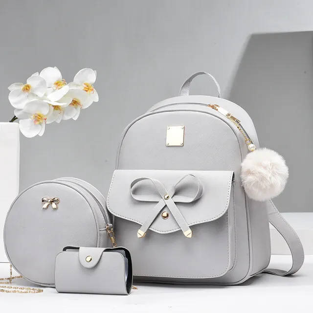 Fashion Women's Bags PU Bow Composite Bag Young Girl Student Cute Shoulders Backpack Crossbody Bags Coin Purse Set Gray - Shop at LoveMi