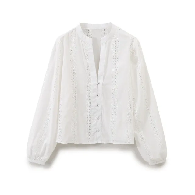 European And American Temperament Crew Neck Long Sleeve Single breasted Blue Embroidered Shirt For Women White - Shop at LoveMi